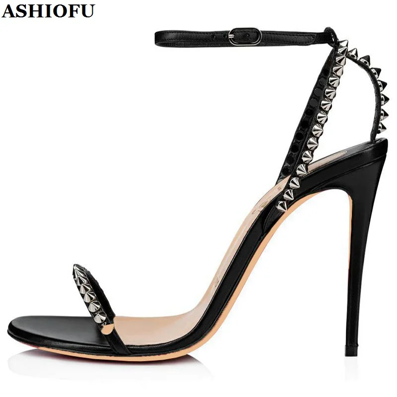 

ASHIOFU Handmade New Arrival Womens Stiletto Heels Sandals Rivets Spikes Summer Open-toe Buckle Strap Evening Fashion Prom Shoes