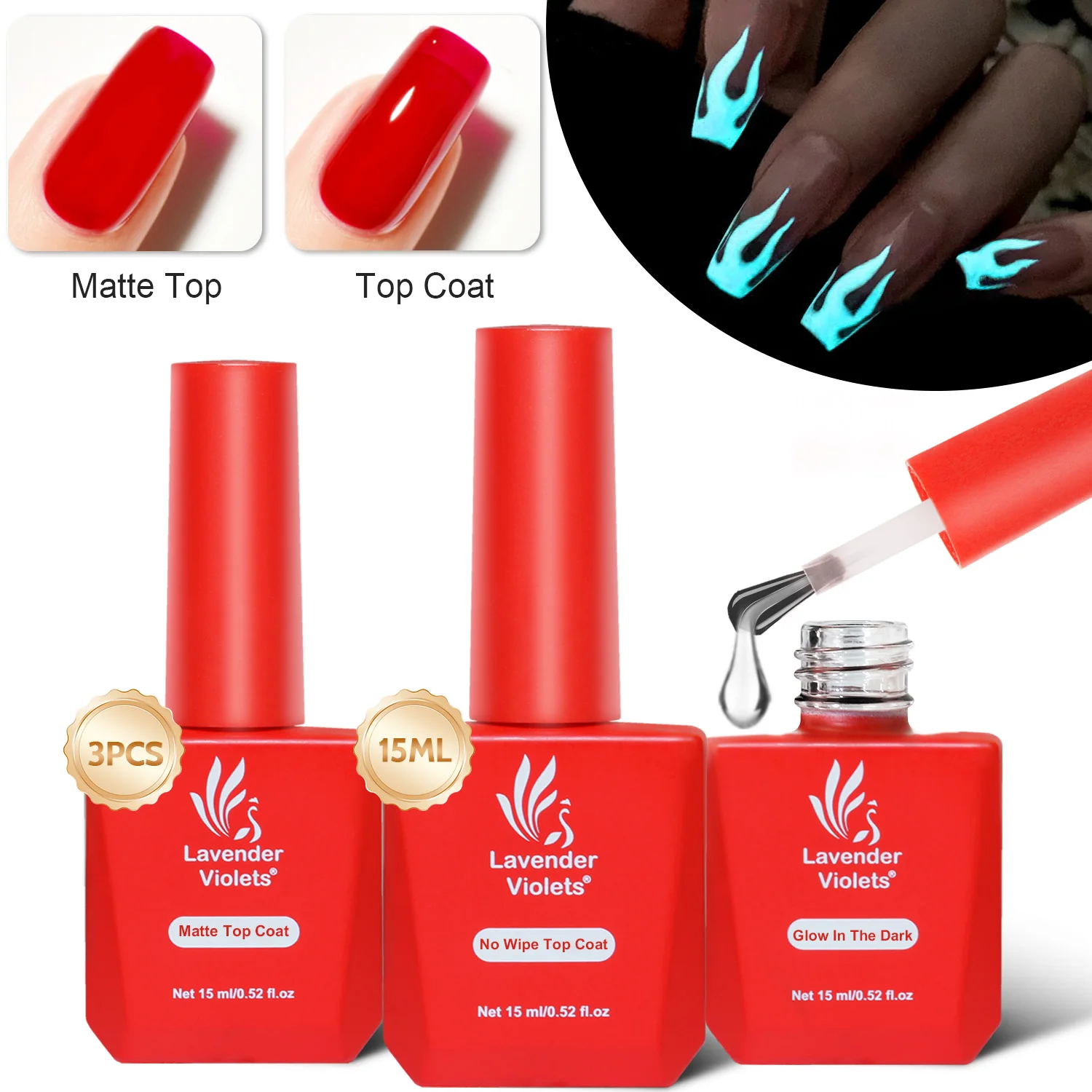 3pcs 15ml No Wipe Glossy Top & Matte Top Coat and Glow in the Dark Coat Soak Off Gel Nail Polish for Nail Art Manicure,gel nail polish,gel nail varnish