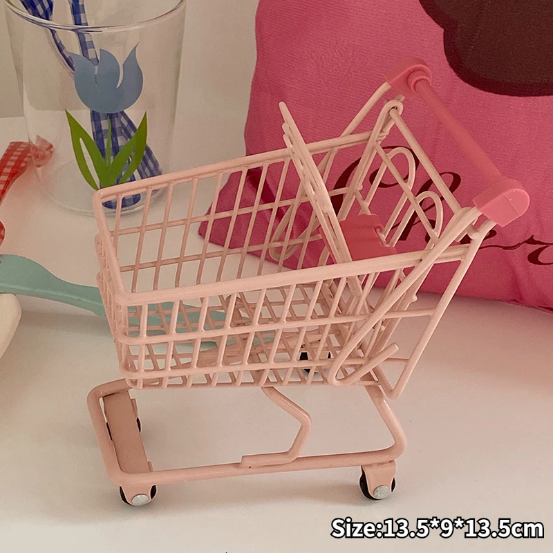 Ins Cute Pink Trolley Shopping Basket Storage Toy Creative Mini Kawaii Desktop Decoration Gift Dollhouse Furniture Accessories