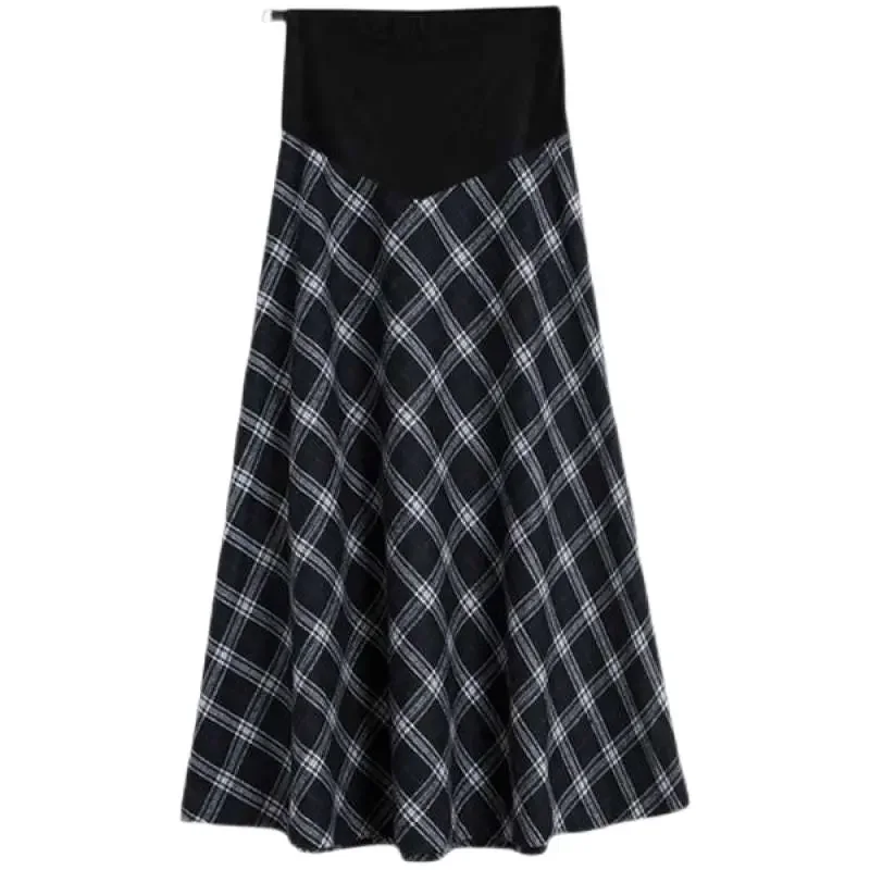 Winter Maternity Skirt Adjustable Waist Preppy Style Pregnant Woman Plaid Skirts Plus Size Pregnancy Clothes Long Skirts