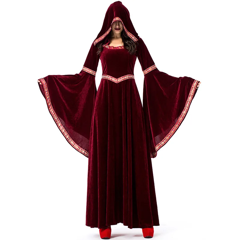 

Halloween Costume Medieval Vintage Costume Dress Renaissance Burgundy Dress Velvet Lace Warm A-Line Maxi Dress