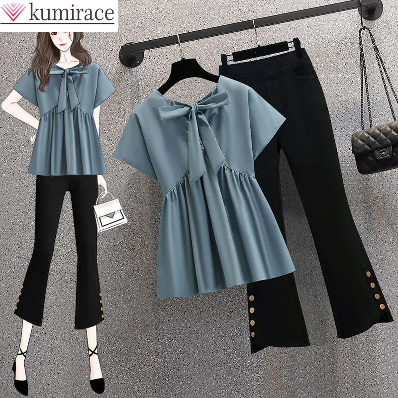

Bowknot Pleated Short Sleeved Chiffon Shirt Casual Wide Leg Pants Two-piece Elegant Women's Pants Set Summer Outfits