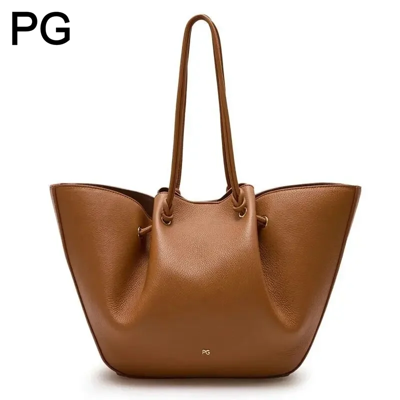 PG Women Tote Bag Solid Color Soft Leather Extremely Simple Style High End Relaxation Feeling Versatile Daily Use Shoulder Bag