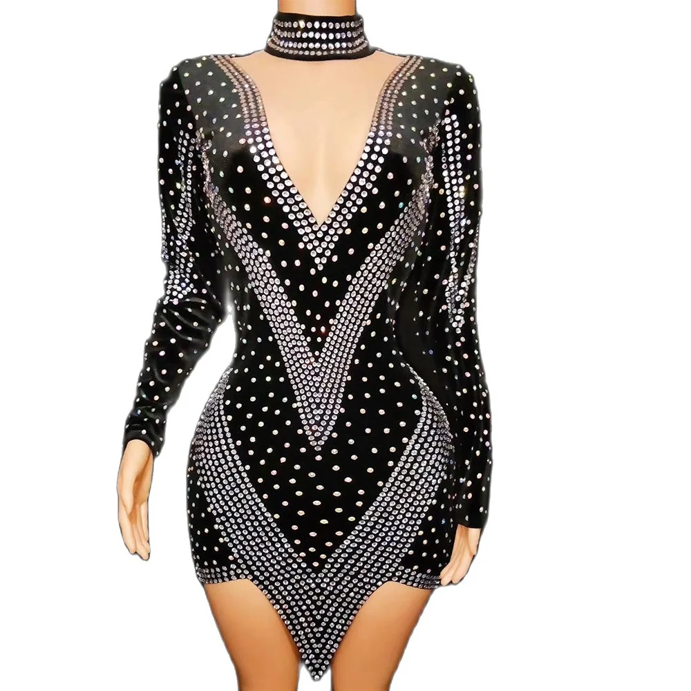 

Sparkling Rhinestones Gauze Perspective Neck-Mounted Dress Irregular Theatrical Costume For Women Party Dress For Women