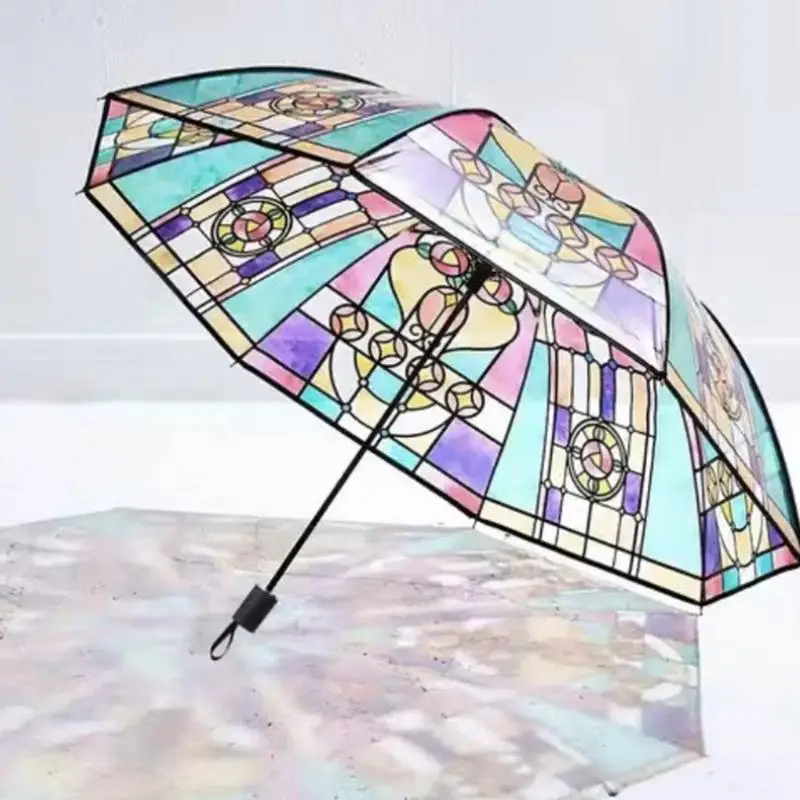Vintage Stained Glass Automa Umbrella Glass Painted Transparent Vintage Parasol Portable Automatic Opening Folding Umbrella