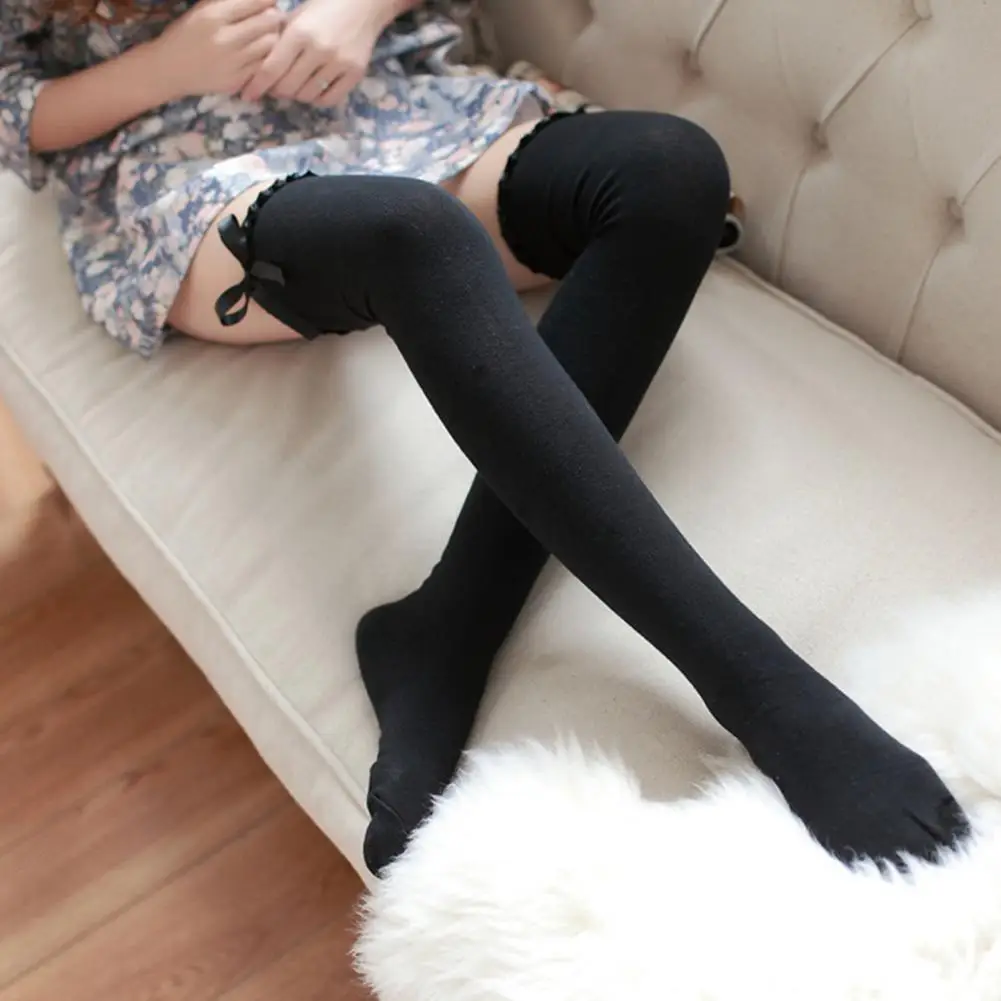 

Women Wave Trim Socks Stylish Cozy Women's Over Knee Thigh Socks with Wave Trim Bowknot Decor High Elasticity for Comfortable