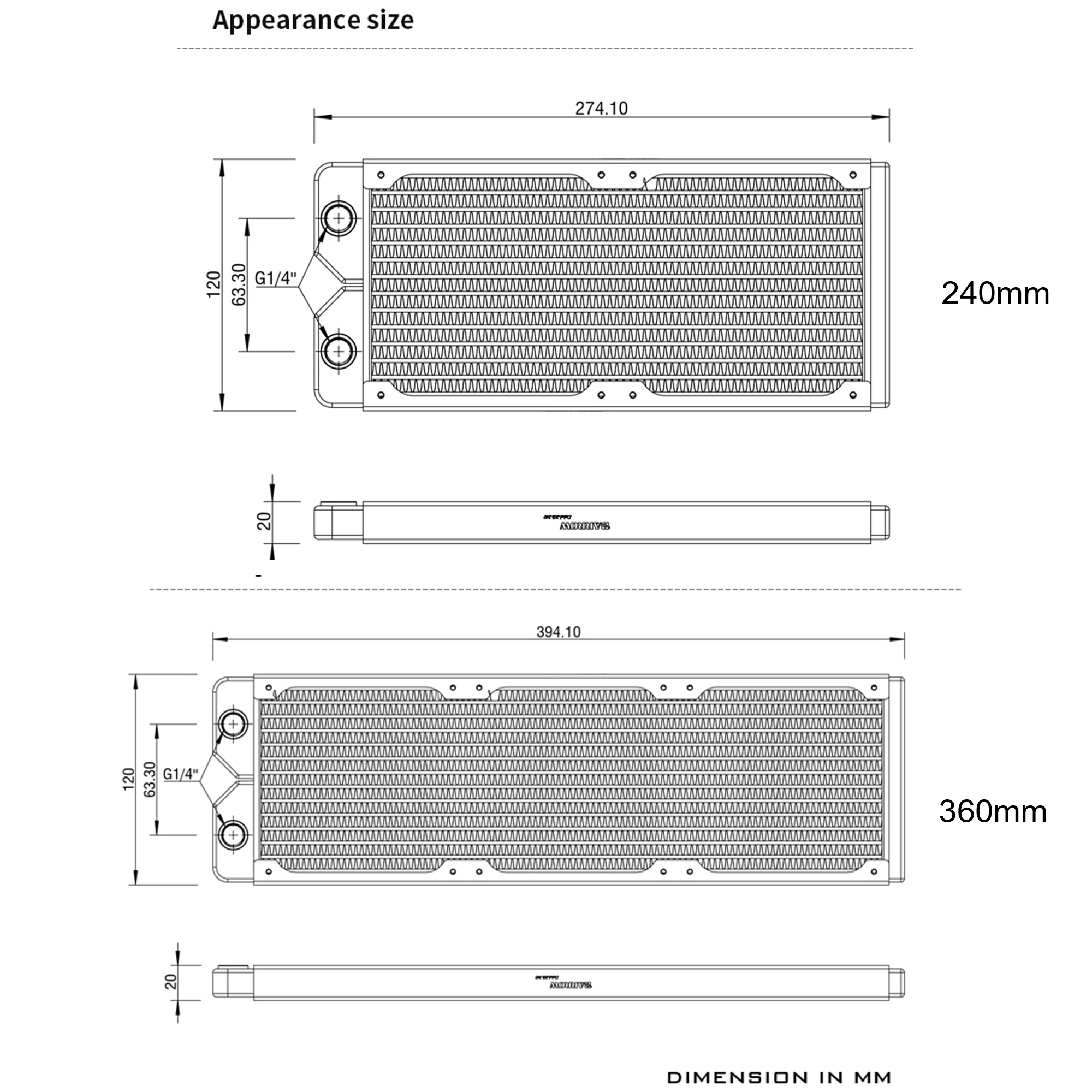 Barrow-trocador de Líquido de Resfriamento a Água Radiador de Cobre Branco e Preto Refrigeração a Água do Computador 20 mm de Espessura g1 Use para 12cm Fans Dabel20a 240 mm 360 mm - Imagem 4