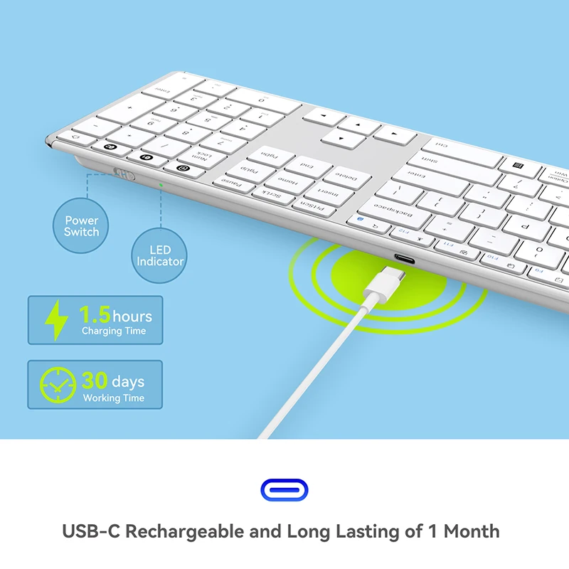 Ausdom Branco Sofkeys4 sem Fio Bluetooth Modo Duplo Zona Chave Teclado Escritório Teclado em Casa Silencioso 110 Teclas para Computador pc Ipad - Imagem 3
