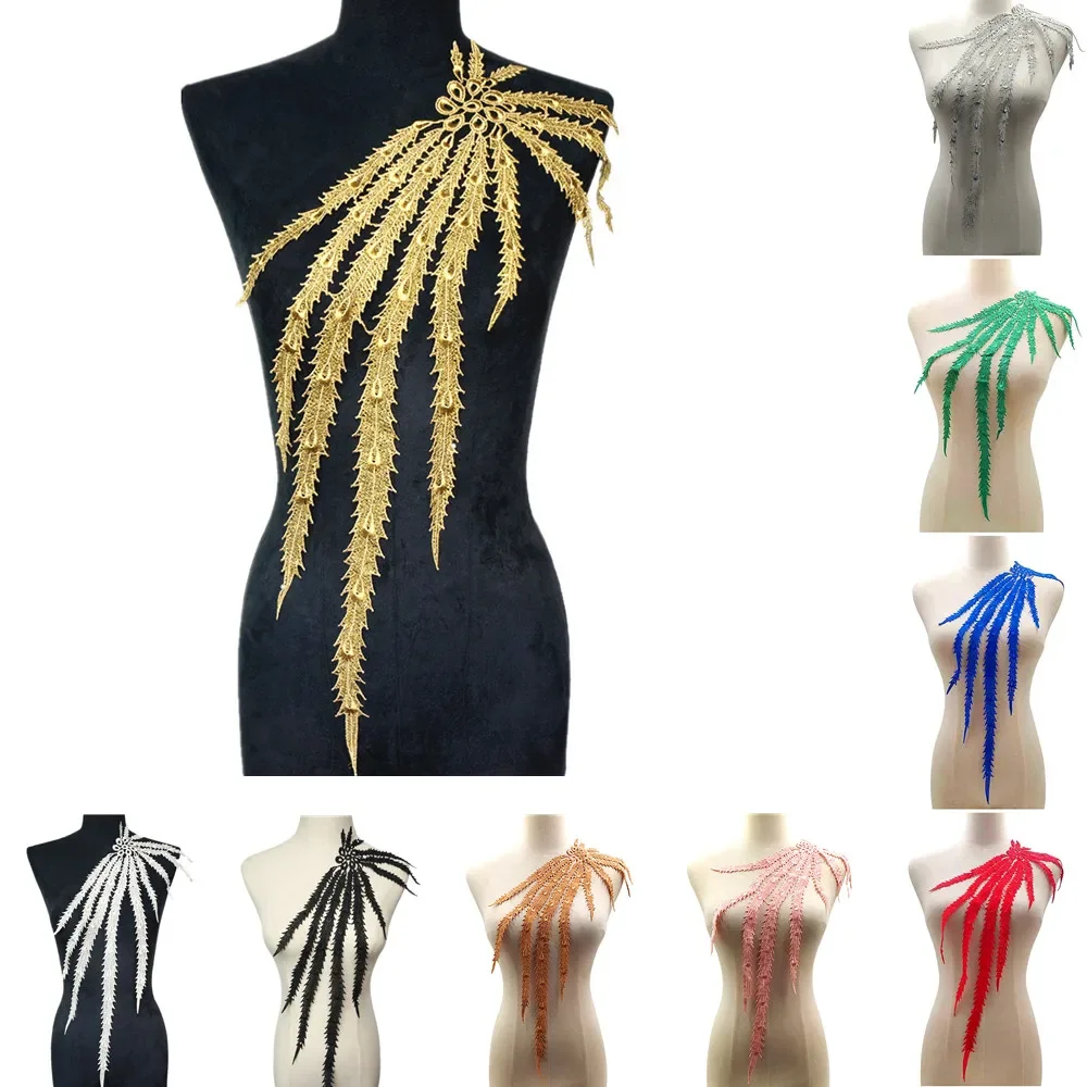 

Large Embroidered Phoenix Tail Applique Lace Fabric Tassel Flower Patch Collar Wedding Bridal Gown Trimmings Party Dress Decor