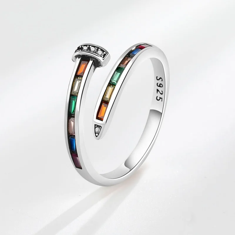 

TIOWIOS 2023 New Rainbow zircon Nail Ring Zircon Women Open Ring Advanced Versatility New Index delicate Ring Jewelry Gift