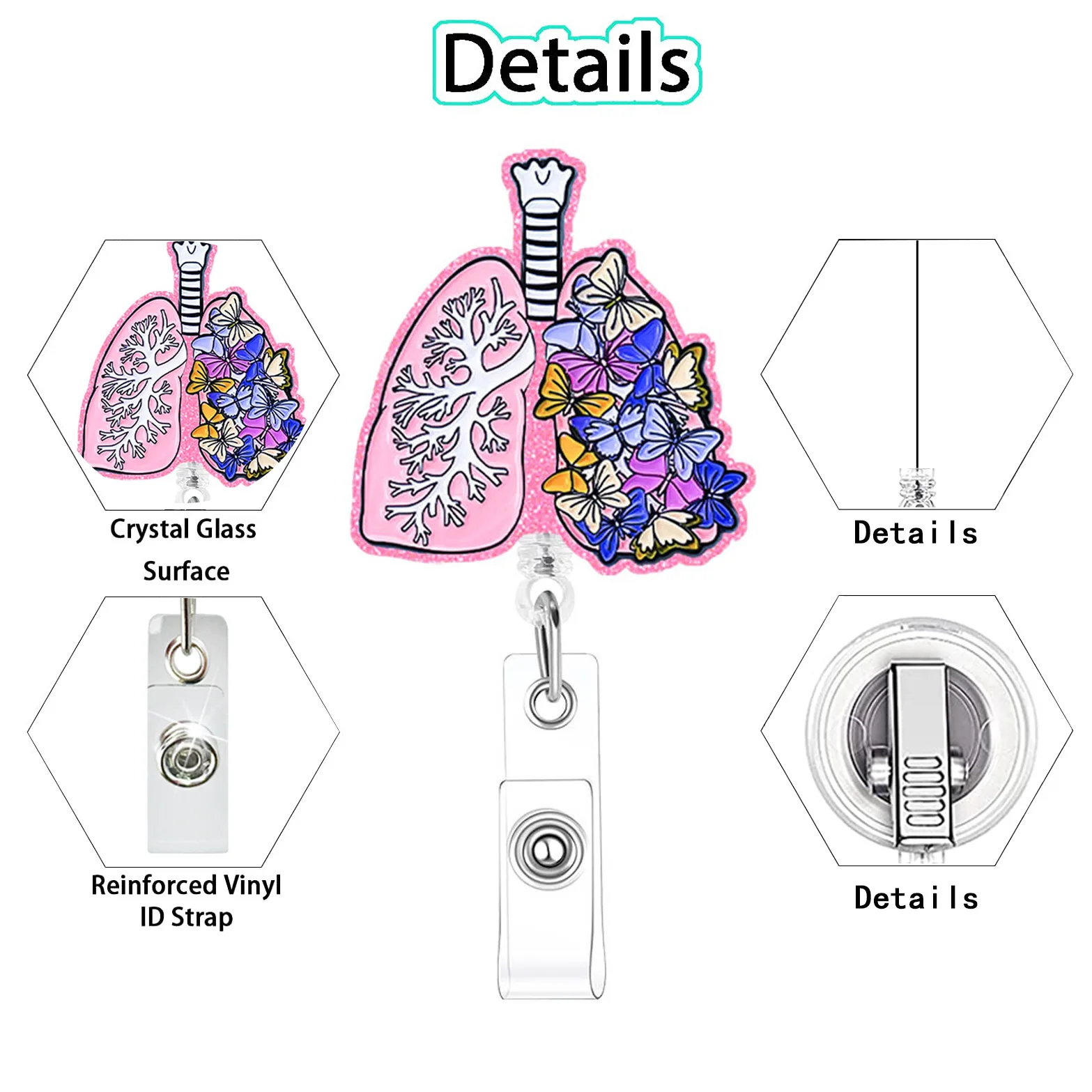 Acrylic Glitter Organ Bone Lung Brain Heart Retractable Clip Id Card Buckle Badge Clip Nurse Badge Reel Bag Accessories