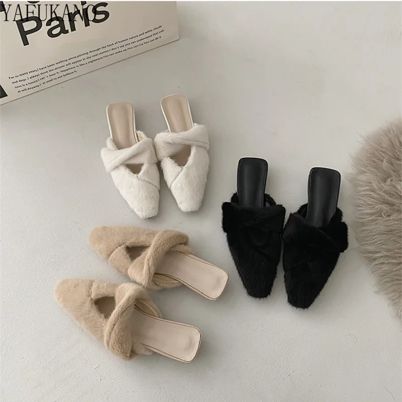 Baotou Bont Slippers Vrouwen Outdoor Herfst Winter Ins Trend Franse Stijl  Chunky Hak Muilezels Schoenen Faux Mink Fur Slides _ - AliExpress Mobile