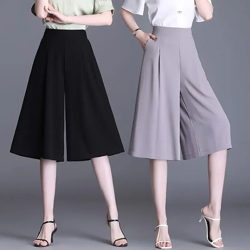

Korean Fashion Women High Waist Calf-Length Pants Summer New Streetwear Sports Casual Solid Loose Elastic Wide Leg Trousers 2023