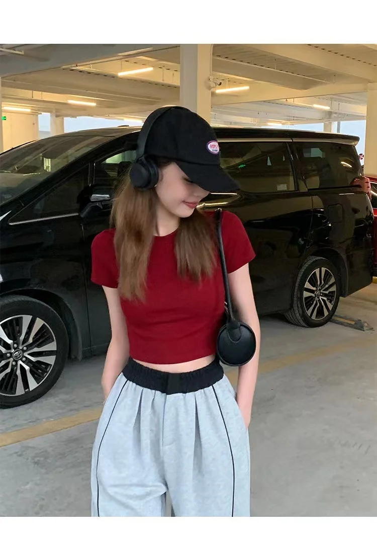 Description Picture 6 of itemShort Sleeve T-shirt Women Summer Spicy Girl Slim Fit Short Belly Exposing Red Top Trendy Comfortable Casual Style