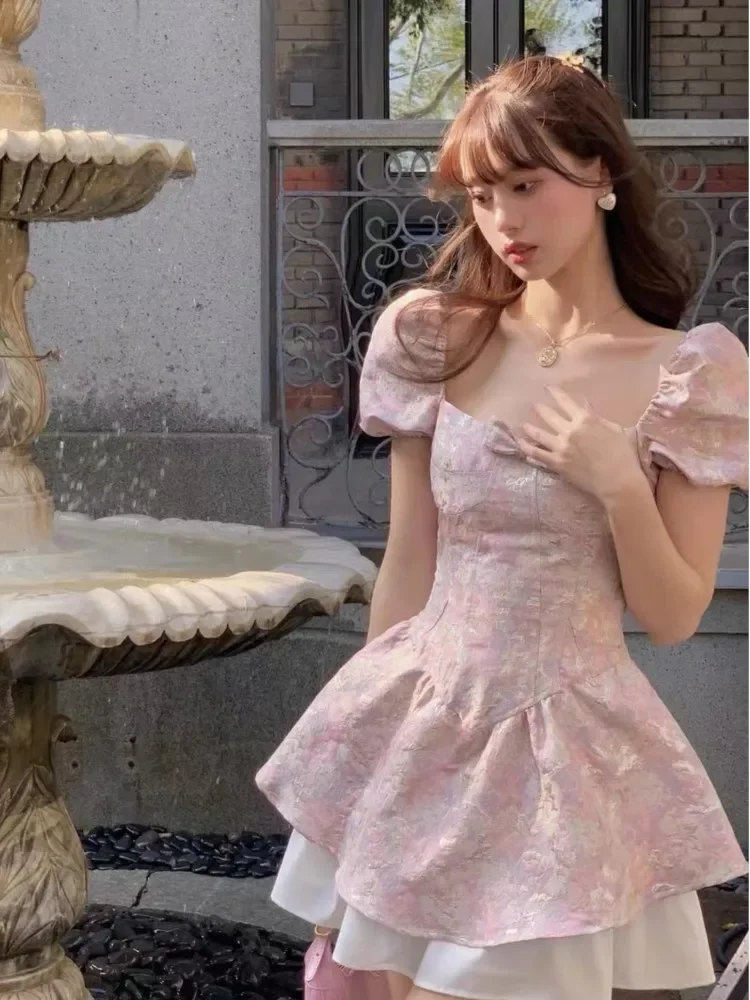 

2023 Summer Elegant Women Bow Tie Floral Chiffon Puff Sleeve Mini Dress Fashion Casual Square Collar Princess Style Lady Clothes