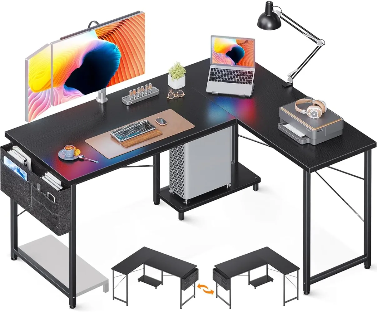 L Shaped Desk, 50 Inch Computer Desk with Storage Bag, Reversible Home Office Desk with Host Stand, Black Corner Table