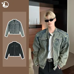Motorcycle Washed Denim Jacket Men American Street Hip Hop Metal Design Distressed Coat Zipper Pocket Loose Jeans Jacket Unisex
