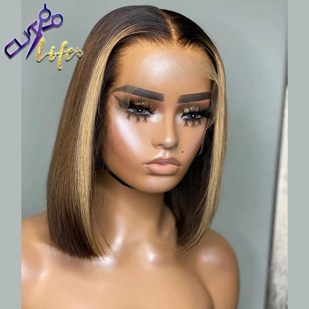 Highlight Short Bob Straight Lace Front Wig Human Hair Lace Closure Wig Remy Brazlian Hair Natural Preplucked With Baby