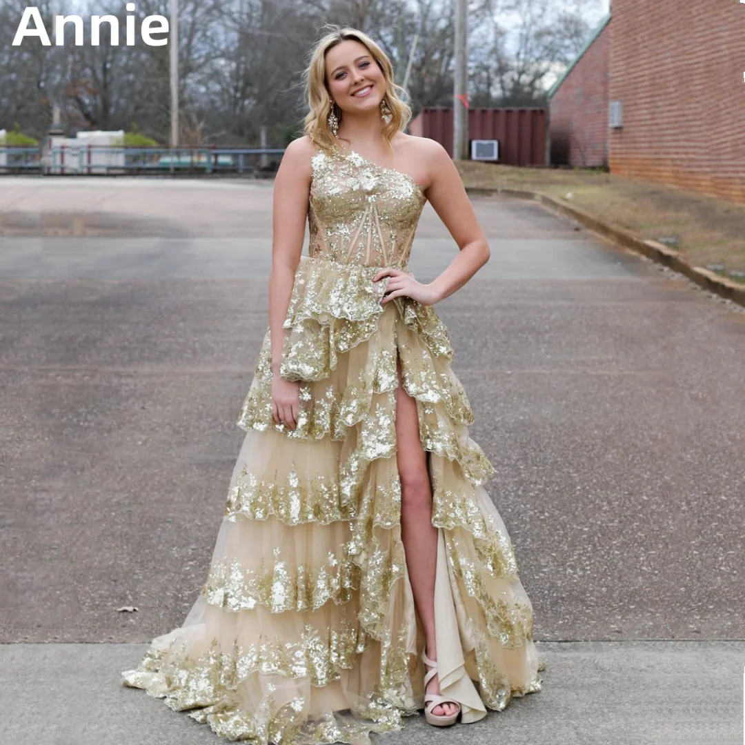 

Annie Gold Glitter Prom Dresses Tulle Layered Graduation Evening Dresses Formal Occasions Party Dresses 2024Vestidos De Noche