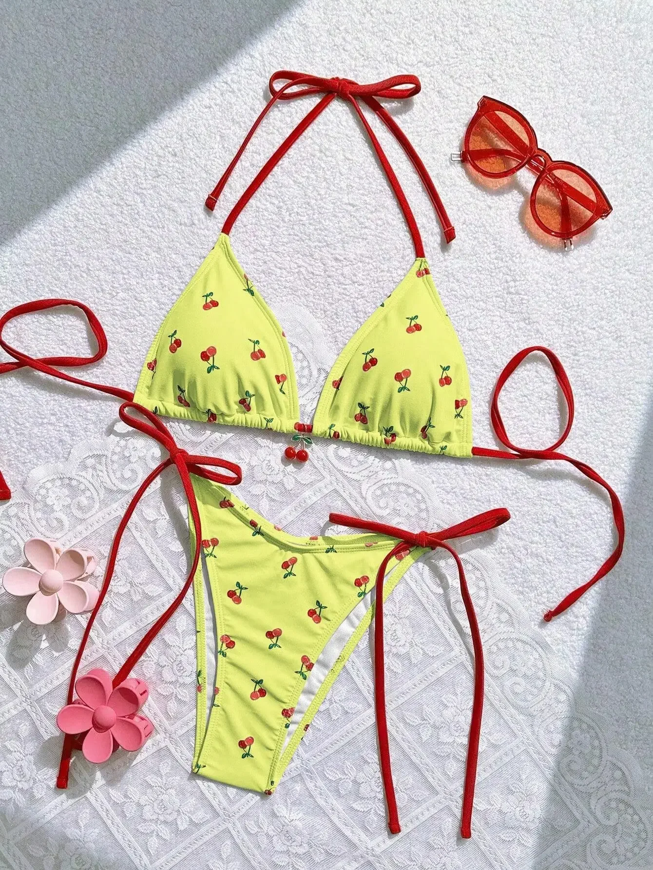 S-XXL Cherry Printed Halter Strappy Bikini Female Swimsuit Women Swimwear Two-pieces Bikini set Bather Bathing Suit Swim