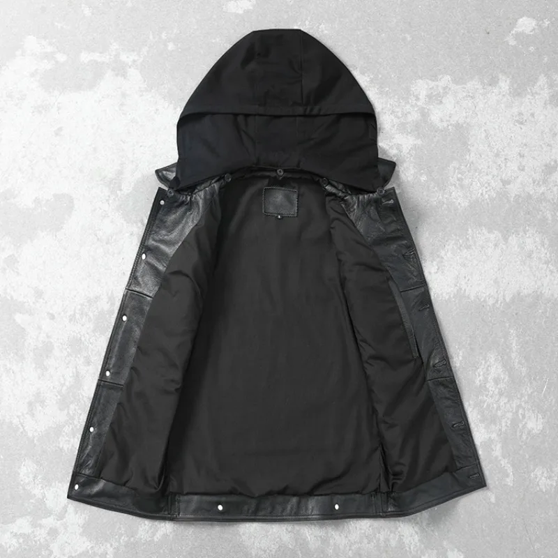 2023 New Vintrage Men Fashion Slim Cowhide Vests Motor Rider Leather Vest Hooded Sleeveless Genuine Cow Leather Vest Jacket