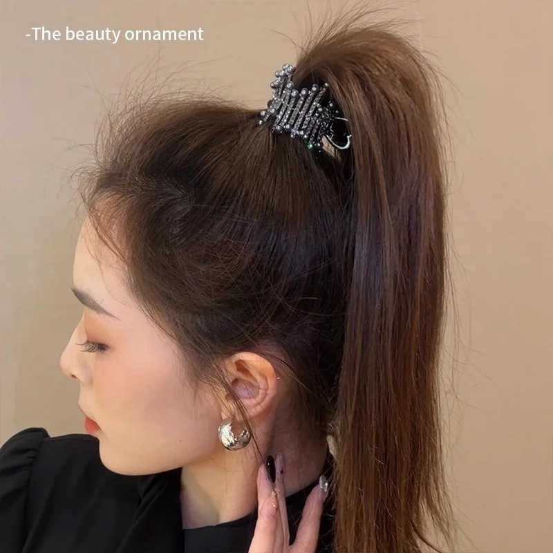 Simulierte Perle hohe Pferdes chwanz Halter Clips Klemmen Mädchen koreanische Kristall klaue Clip feste Haarnadel Haar Zubehör Kopf bedeckung – Detail 3
