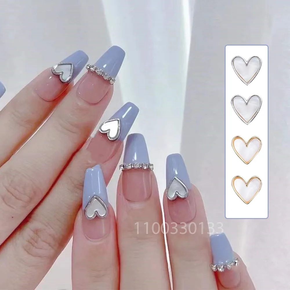 

French Cutout: 50 Pop Style Heart Charms Pearl Fritillaria Nail Art Ornaments Metal Contour Silver Heart Jewelry for Nail Decor