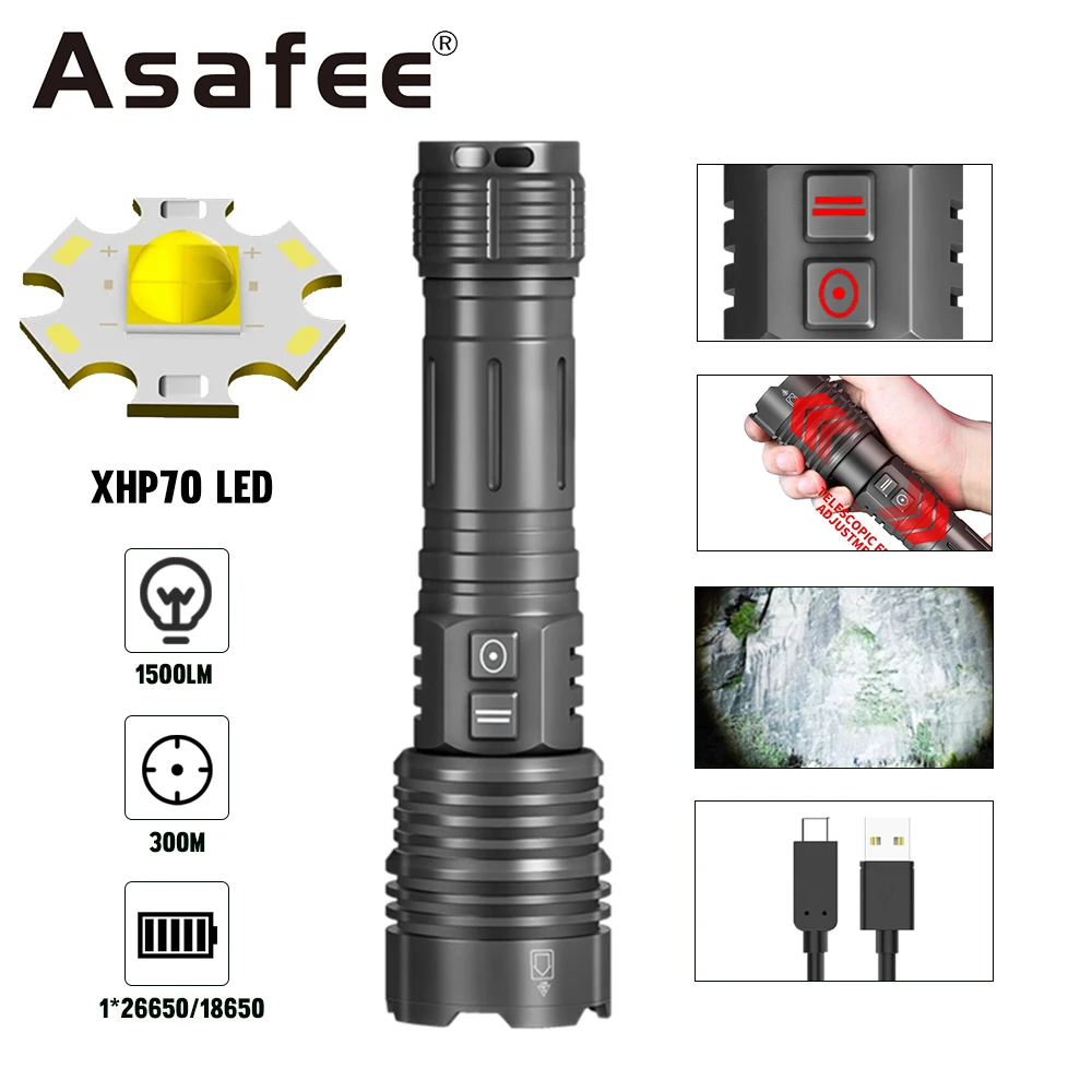 

Asafee 4800 Super Bright Tactical Flashlight 1500LM XHP70 LED Light TYPE-C Charing Zoom Torch Outdoor Camping Power Bank