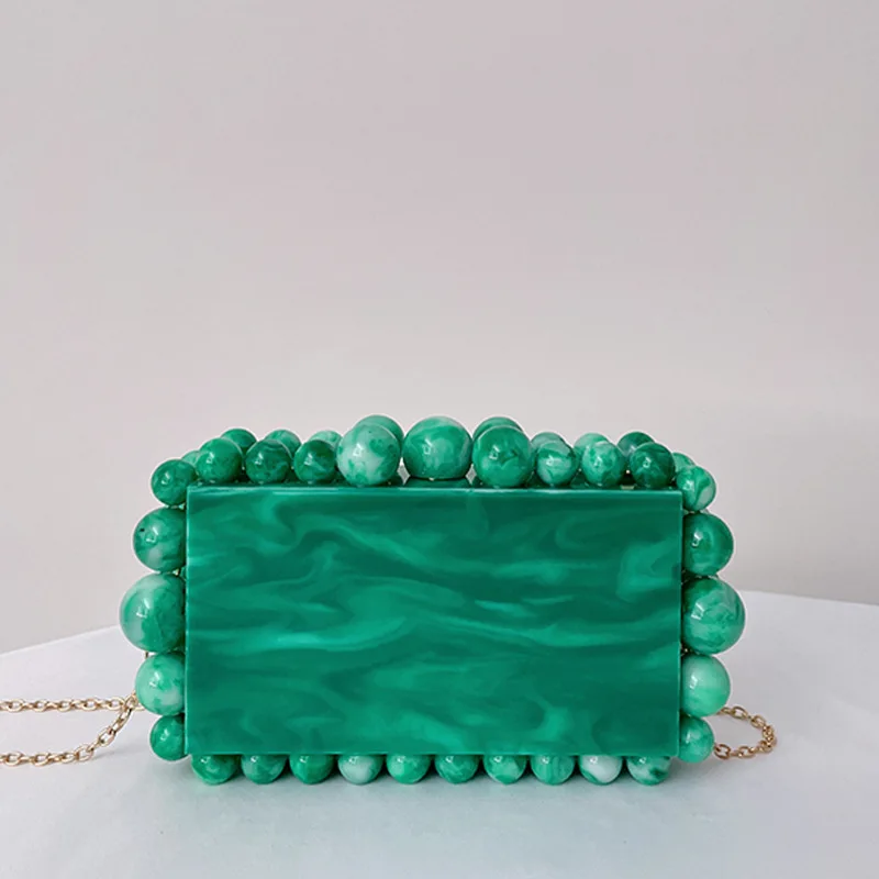 

Women Beads Acrylic Box Beaded Evening Clutch Bag Luxury Designer Wedding Party Purse Boutique Clear Textured Small Hand Bags H