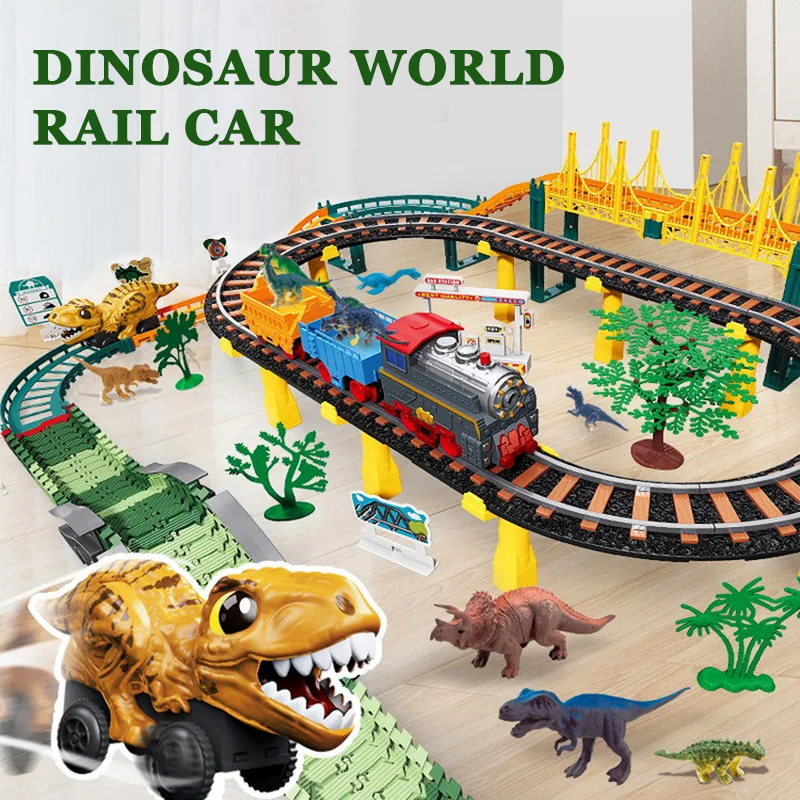 

Children's Large Electric Dinosaur Railcar Simulation Tyrannosaurus Rex Steam Train Model Assembled Puzzle Adventure Car Toy Set