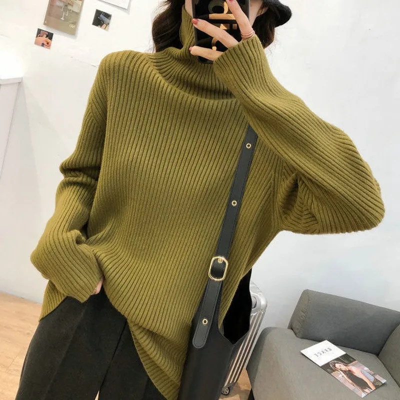 

Pullover sweater women 2023 European and American autumn and winter loose high-neck pinstripe long-sleeved bottoming sweater