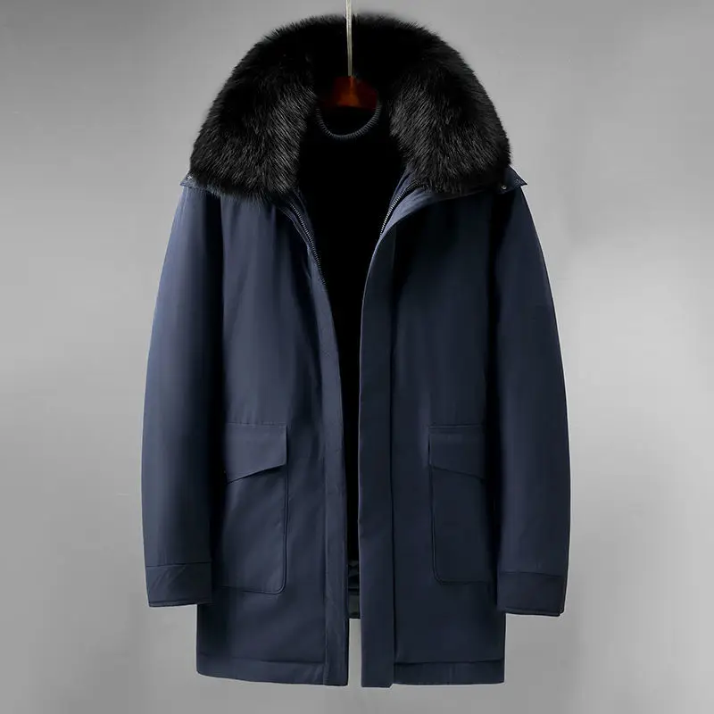 Business 2023 Middle-Aged Elderly Down Jacket Daddy Outfit Thick Mid-Length Cold-Proof Pike Oversize Coat Artificial Fur Collar