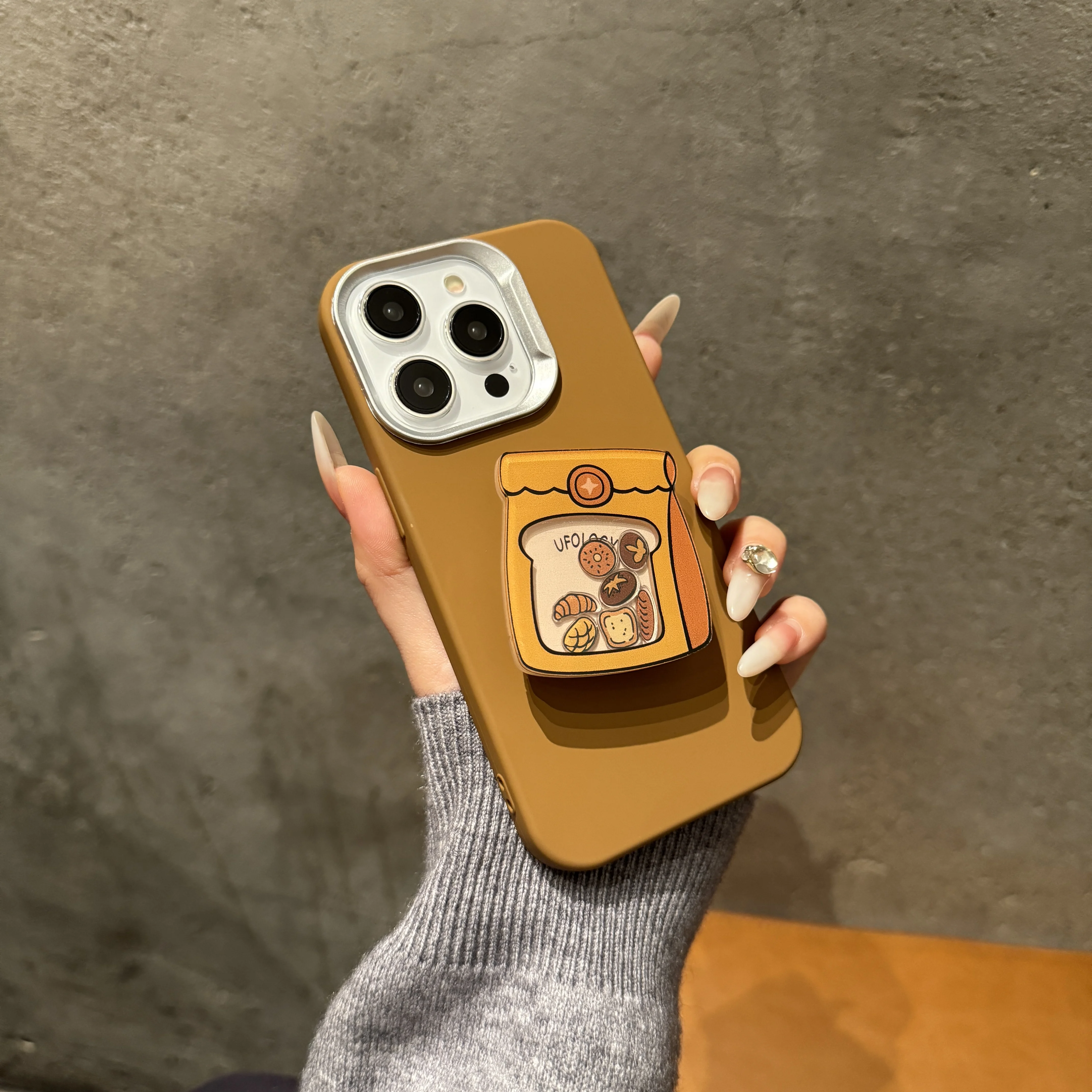Ins Korea Simple Maillard Solid Color Mobile Bread Bracket Phone Case for iPhone 16 15 14 13 Pro Max Back Cover Funda