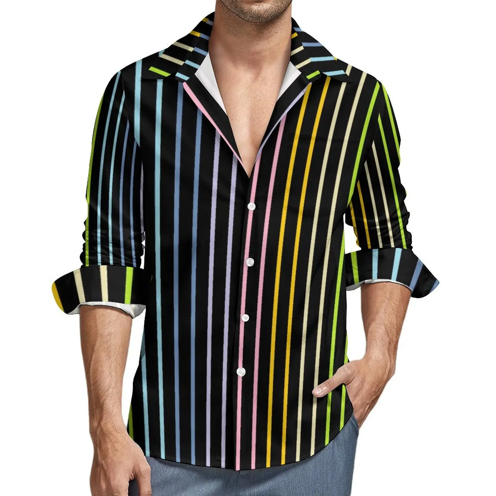 

Rainbow Striped Shirt Spring Vertical Stripes Print Casual Shirts Male Trendy Blouses Long Sleeve Y2K Street Top Plus Size