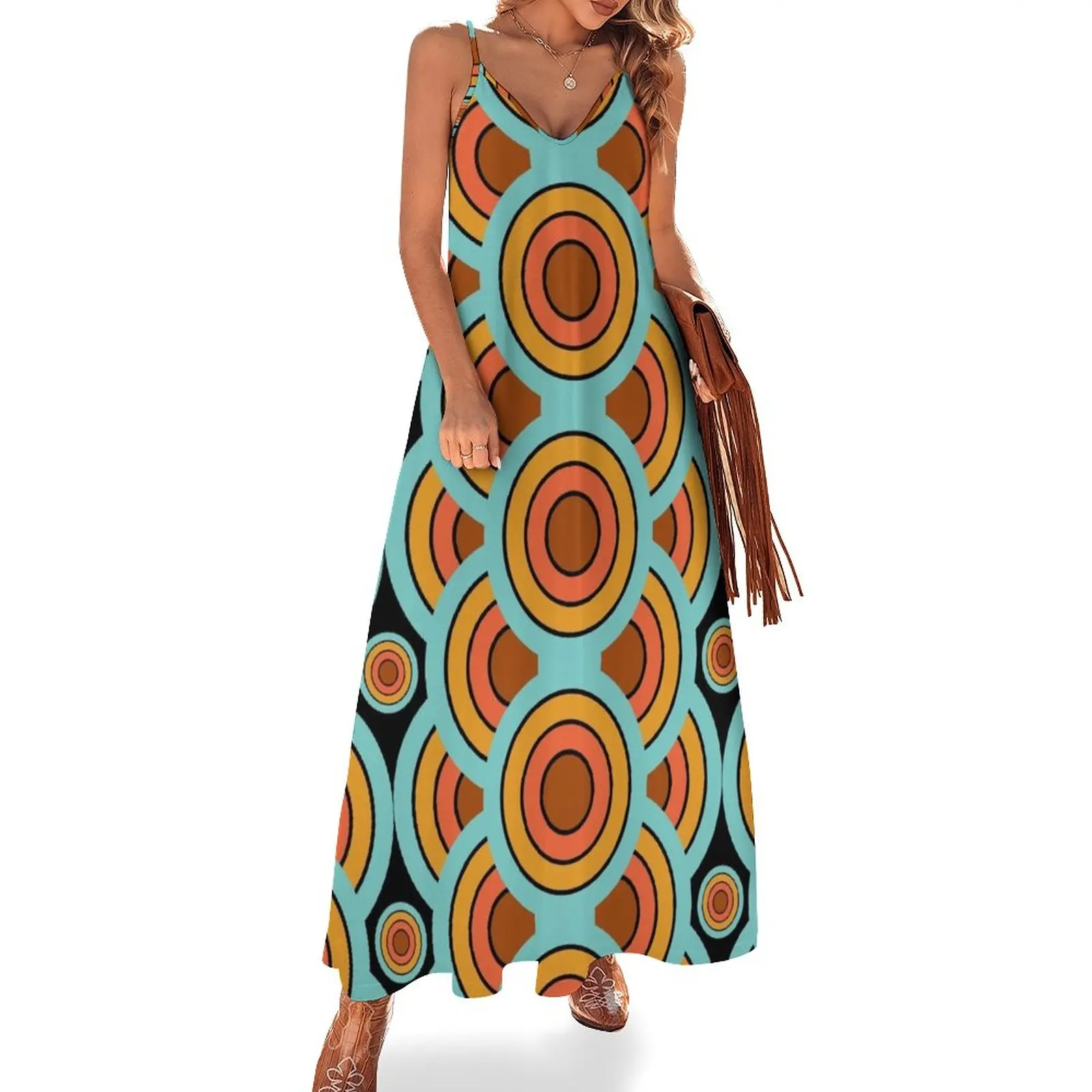 

New 60s 70s Style - Retro Modern Circles - Vintage Mid-Century Sleeveless Dress evening dress women