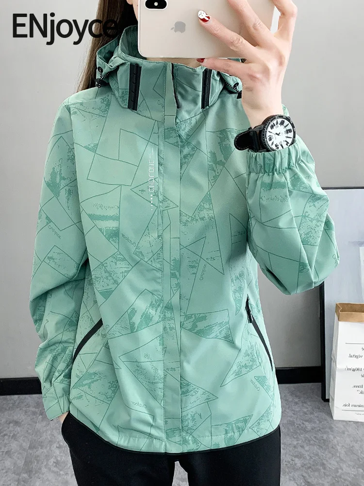 

Женская куртка с капюшоном ENjoyce, повседневная непромокаемая уличная ветровка с принтом для кемпинга и походов, для весны и осени