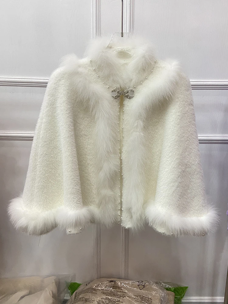 

2023 Autumn New Arrival White Real Fox Fur Collar Casual Outerwear Spring Fox Fur Cape Cloak Knitted Sweater Coat