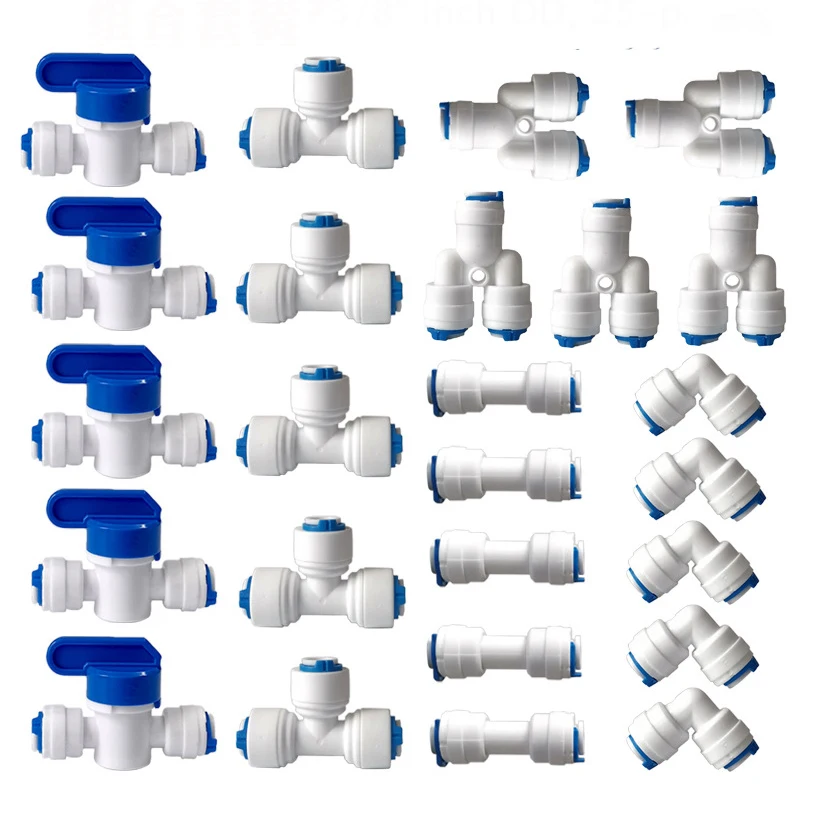 1/4" 3/8" O.D. Quick Connect Push In RO Water Tube Straight Tee Elbow Ball Valve Fittings Kit 10. 25 PACK water pipe fitting ball valve ro water tube connector ro water tube fitting accessories replacement