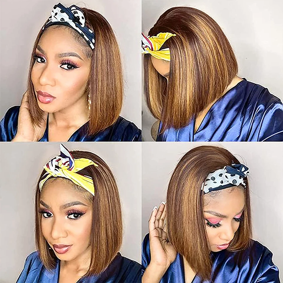 Highlight Bob Headband Wigs Human Hair Short Straight Bob Headband Wig for Women Brazilian Glueless P4/27 Ombre Brown Blonde Wig
