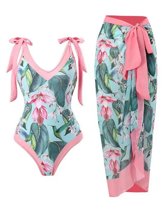

New Fashion 2023 Summer Sexy Wireless Bra Tropical Print One-Piece Swimsuit with Cover Up Beach Vacation Female Clothing Outfits