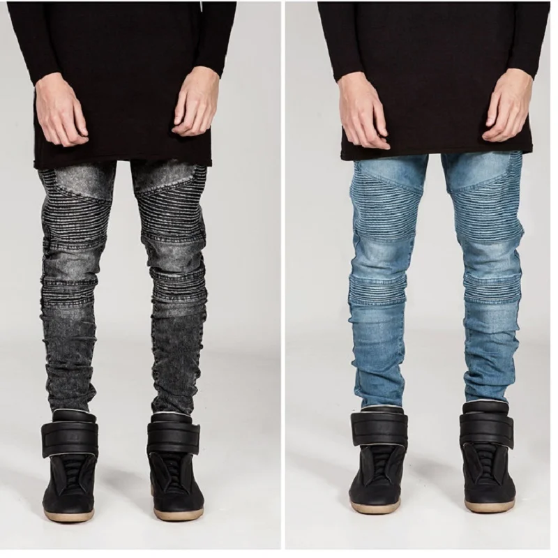 

New Dropshipping Biker Jeans Men High Quality Stretch Cargo Denim Jeans Pleated Slim Jean Men's Scratched Pants Trousers