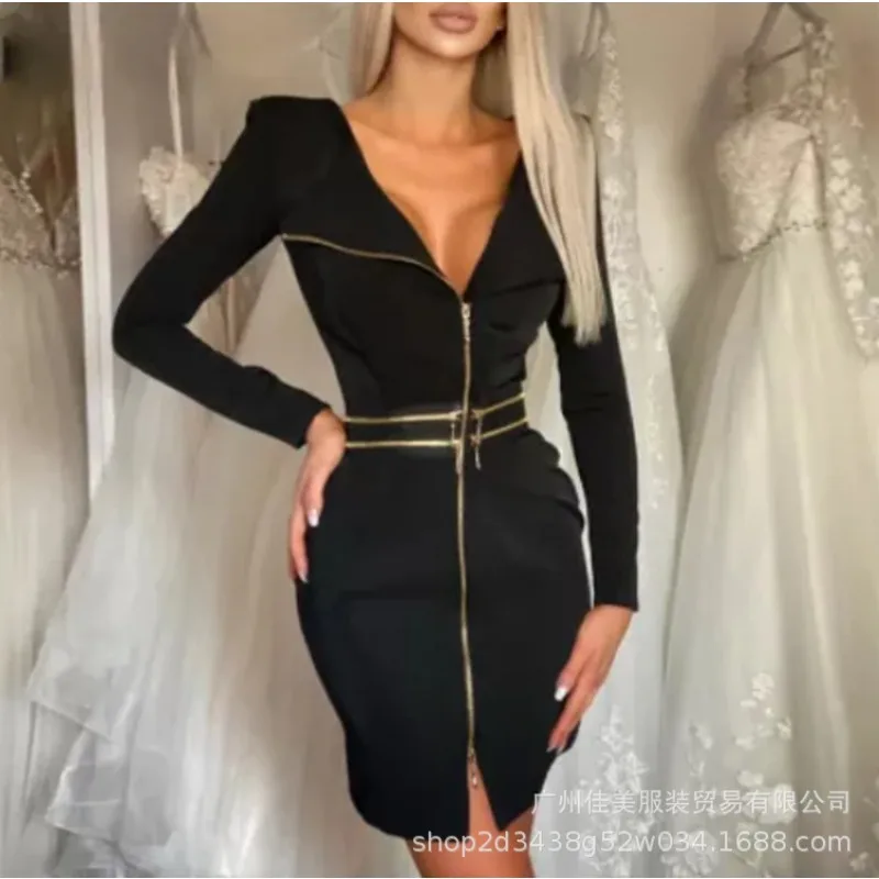 

Women's black zippered dress mini short fashionable spring and autumn high waisted V-neck temperament commuting fashion long sle