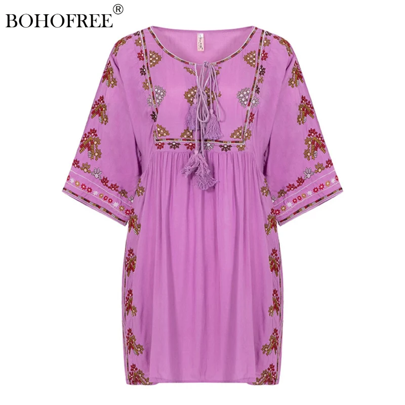 

Vintage Chic Embroidery Dress V Neck Bohemian Style Short Dreses Robe Tie Neck Tassels Summer Dress For Women Embroidered Dress