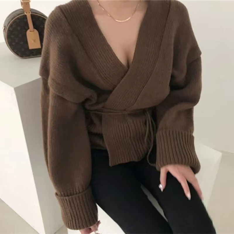 New Autumn and Winter Women's V-neck Knitted Cardigan Women's Long-sleeved Sweater Short Casual Lace-up Jacket