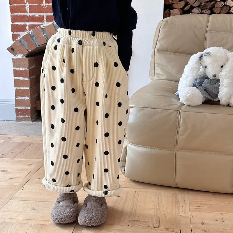 어린이 바지 플러스 양털 두꺼운 어린이 도트 바지, 여아  서양 면 바지, 소년 의류, 어린이 하의 카프리
