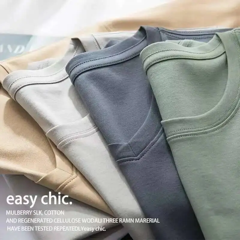Men T Shirt Summer Mulberry Silk Mercerized Cotton V-neck Loose Short Sleeve 7%Silk