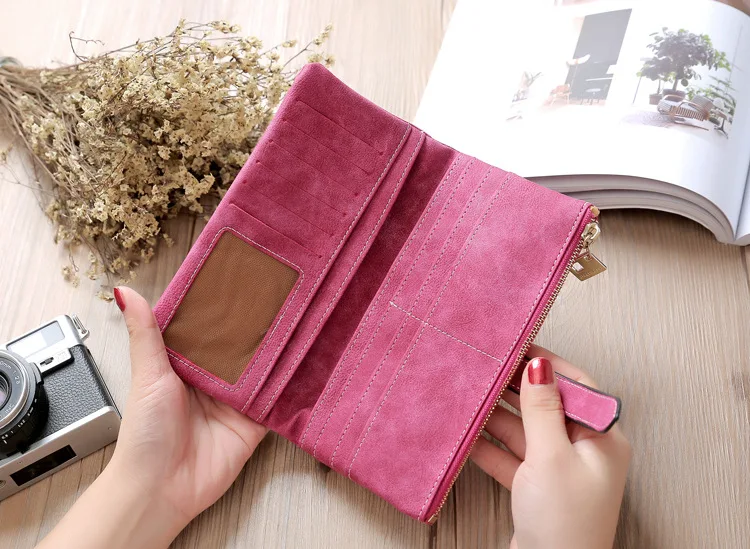 Vintage Damen Lange Geldbörse Mattes PU-Leder Clutch Reißverschluss Münzfach Multi-Kartenhalter Handytasche Damen-Portemonnaie – Detail 17