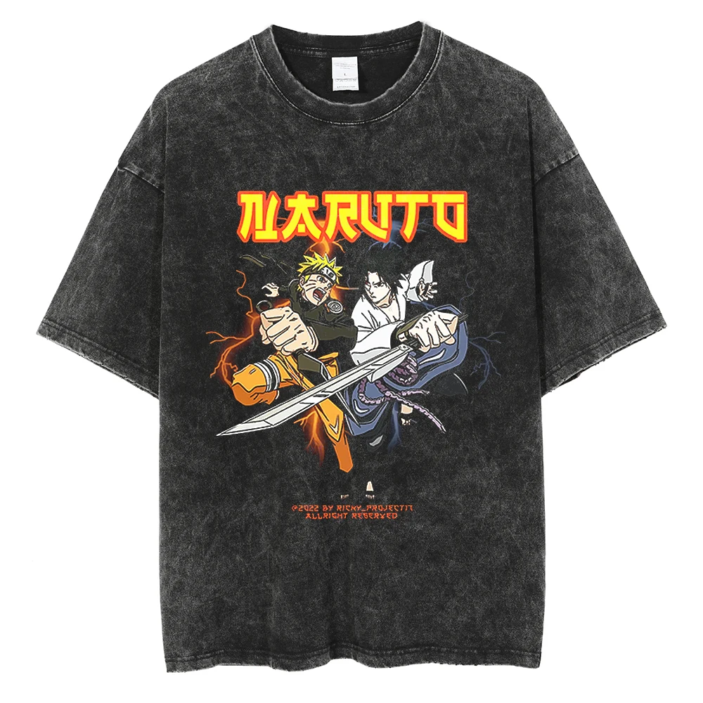 Men Streetwear Tshirt Japanese Anime Naruto Graphic T-Shirt Cotton 2026 Harajuku Washed T Shirt Summer Hip Hop Tops Tees Black