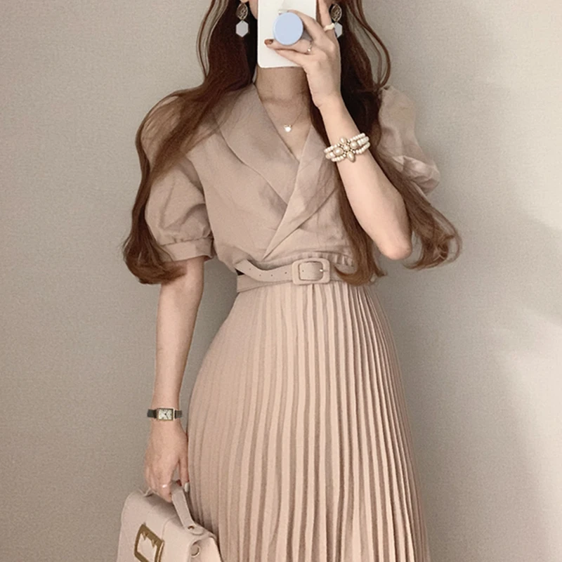 

Puff Short Sleeve Party Elegant Vintage Luxury High Waist A-Line Woman Dresses Summer 2022 Pleated Dress Female Women Vestido
