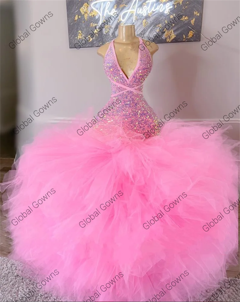 Sparkly Pink Sequined Long Prom Dress For Black Girls Halter Evening Gown Ruffles Backless Birthday Party Gowns Robe De Bal
